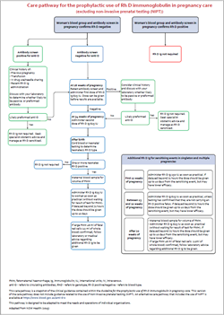 Diagram of Care pathway for the prophylactic use of Rh D immunoglobulin in pregnancy care excluding NIPT